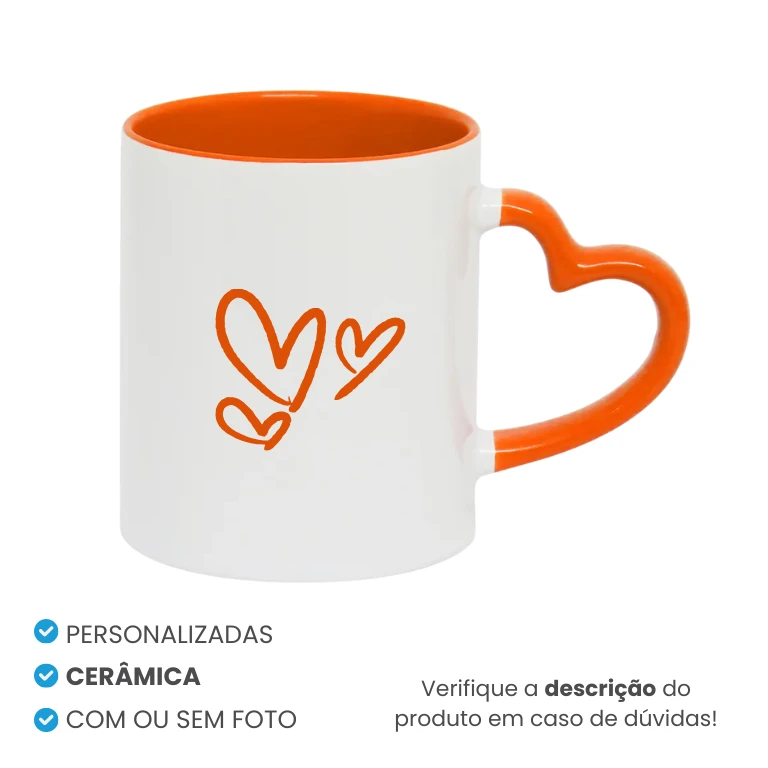 Caneca de Cerâmica Alça Coração Laranja Personalizada