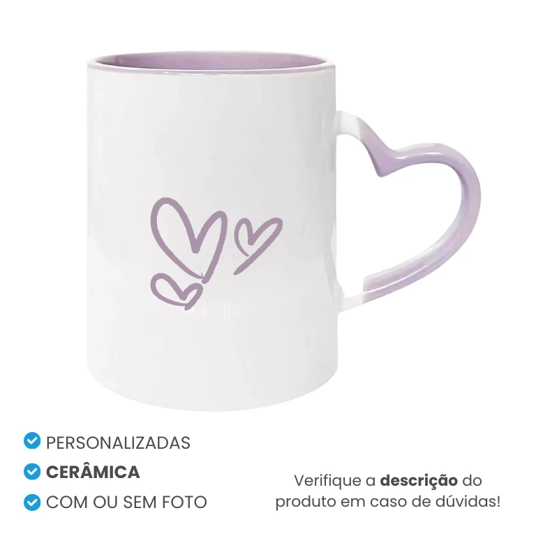 Caneca de Cerâmica Alça Coração Lilás Personalizada