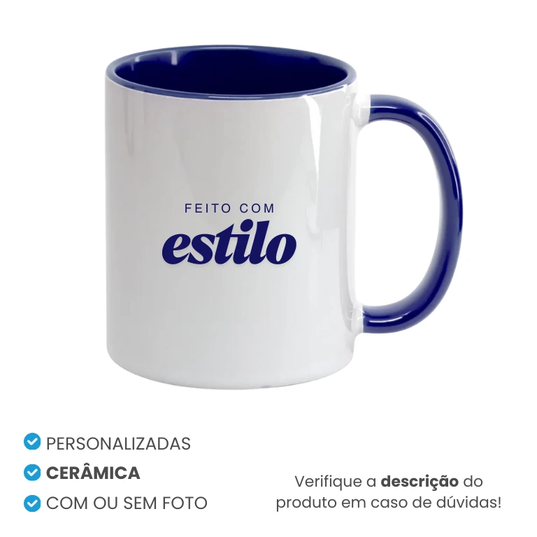 Caneca de Cerâmica Alça e Interior Azul Escuro Personalizada