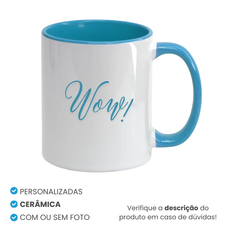 Caneca de Cerâmica Alça e Interior Azul Claro Personalizada