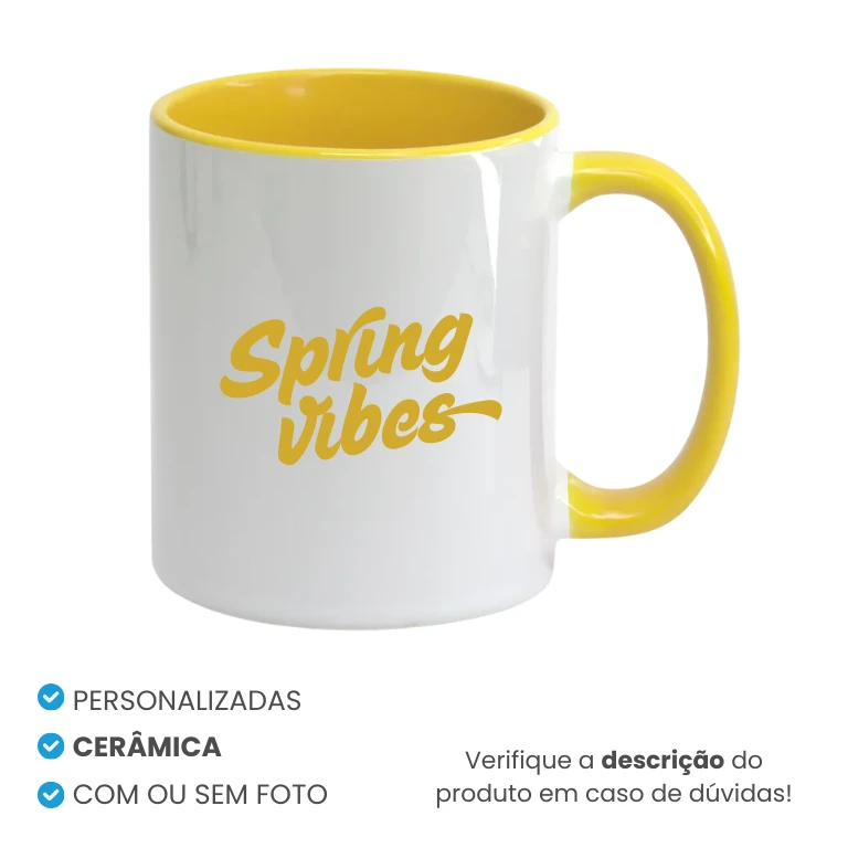 Caneca de Cerâmica Alça e Interior Amarela Personalizada