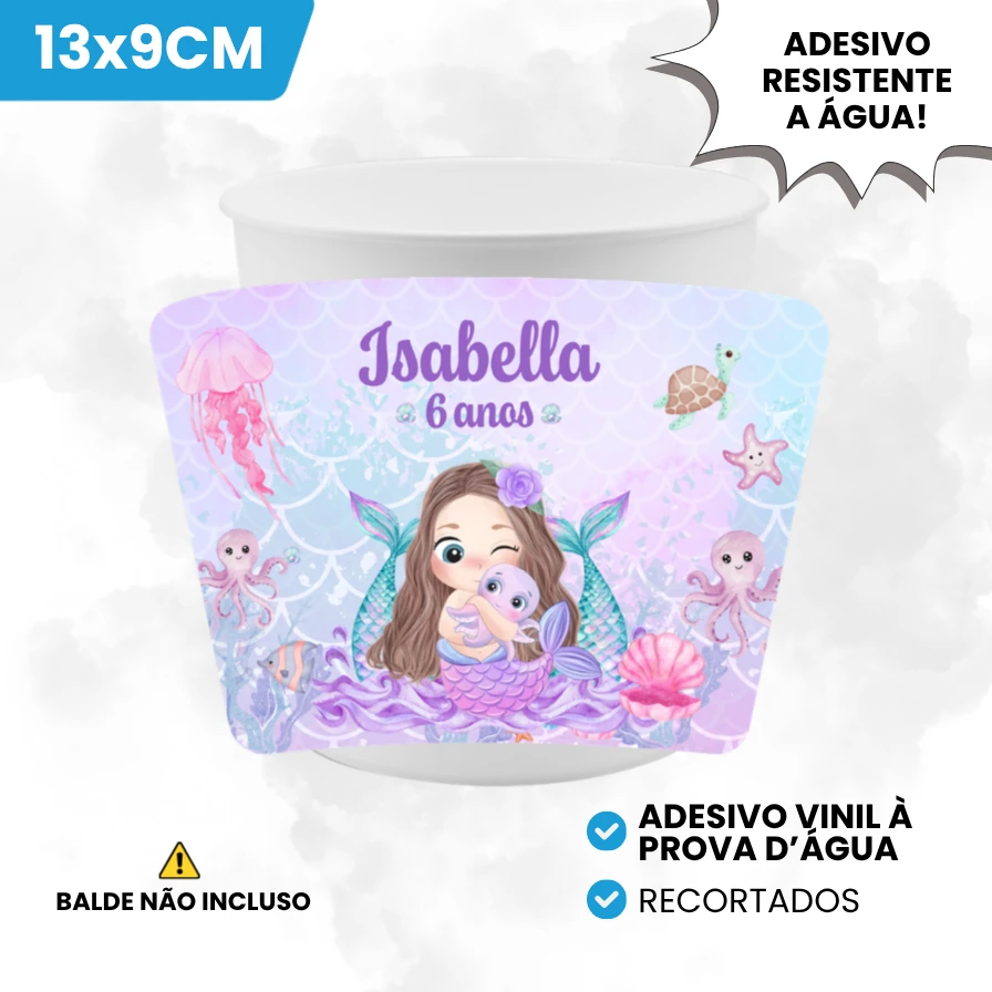Adesivo Vinil 13x9cm para Baldinho de Pipoca Tema Sereia Baby Cute