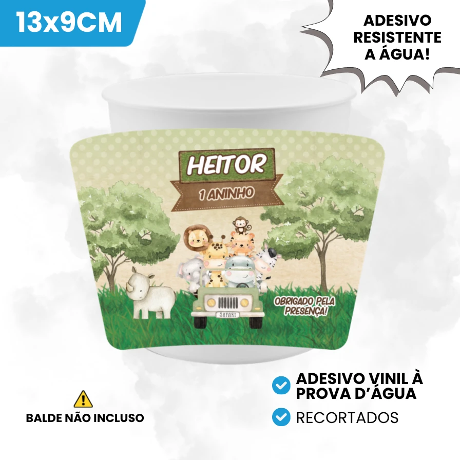 Adesivo Vinil 13x9cm para Baldinho de Pipoca Tema Safari Baby