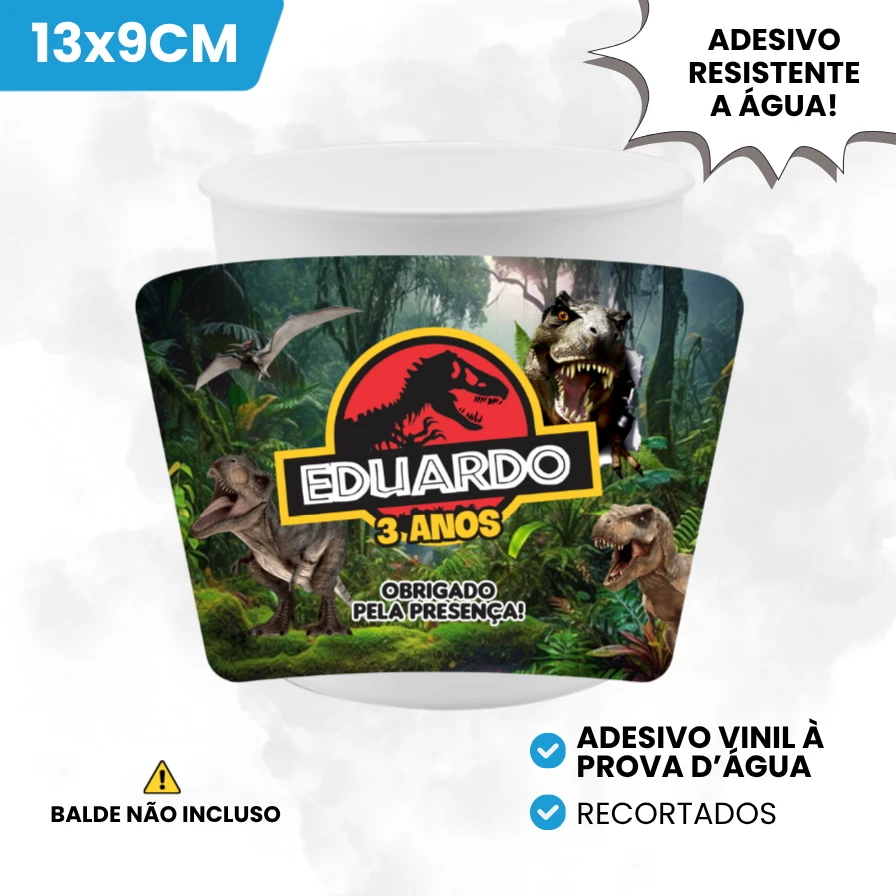 Adesivo Vinil 13x9cm para Baldinho de Pipoca Tema Dinossauro