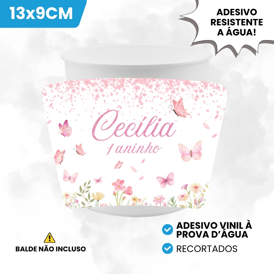 Adesivo Vinil 13x9cm para Baldinho de Pipoca Tema Jardim Borboletas