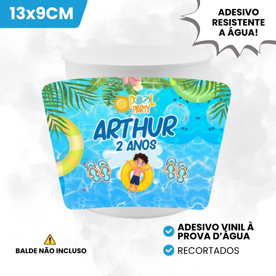 Adesivo Vinil 13x9cm para Baldinho de Pipoca Tema Pool Party