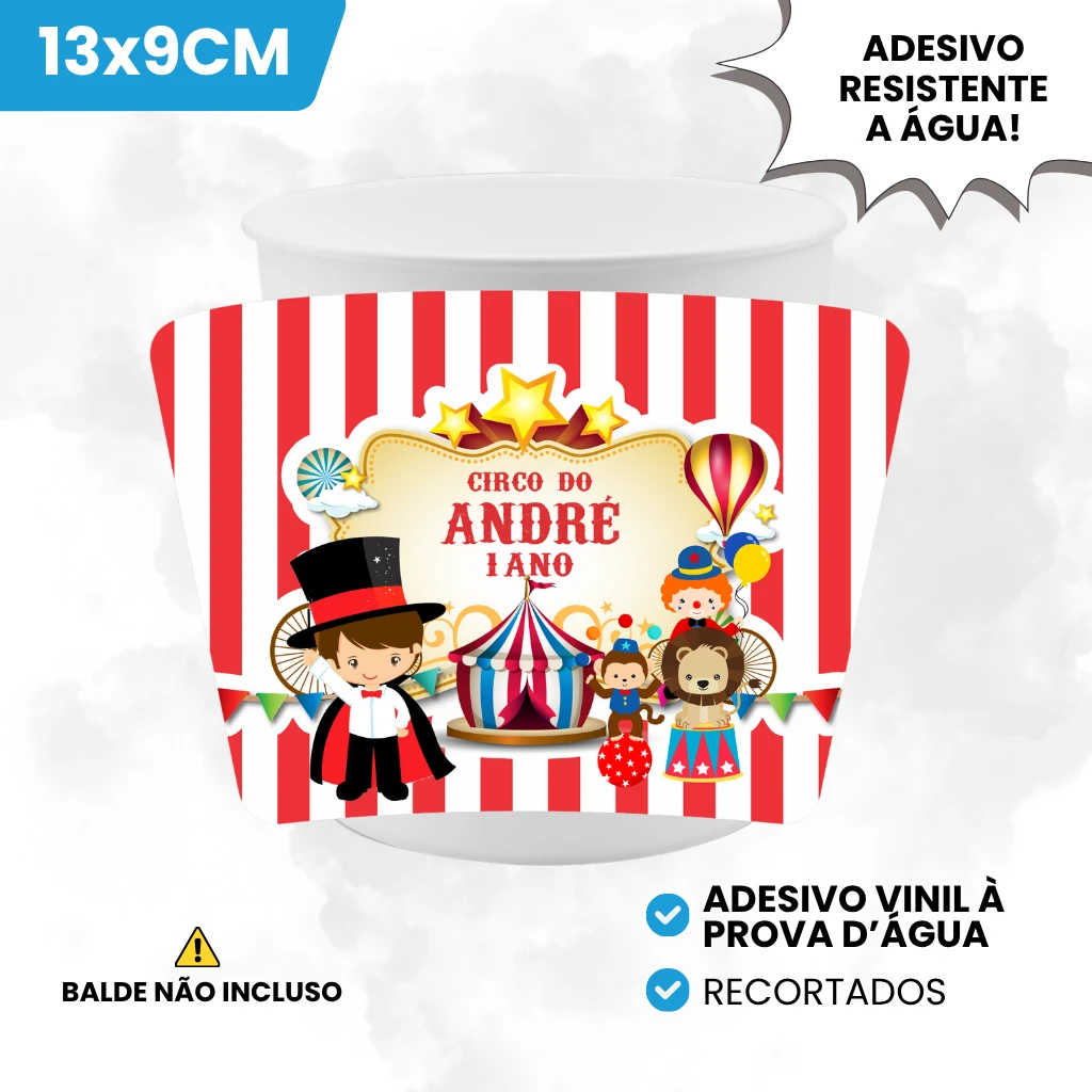 Adesivo Vinil 13x9cm para Baldinho de Pipoca Tema Circo Menino