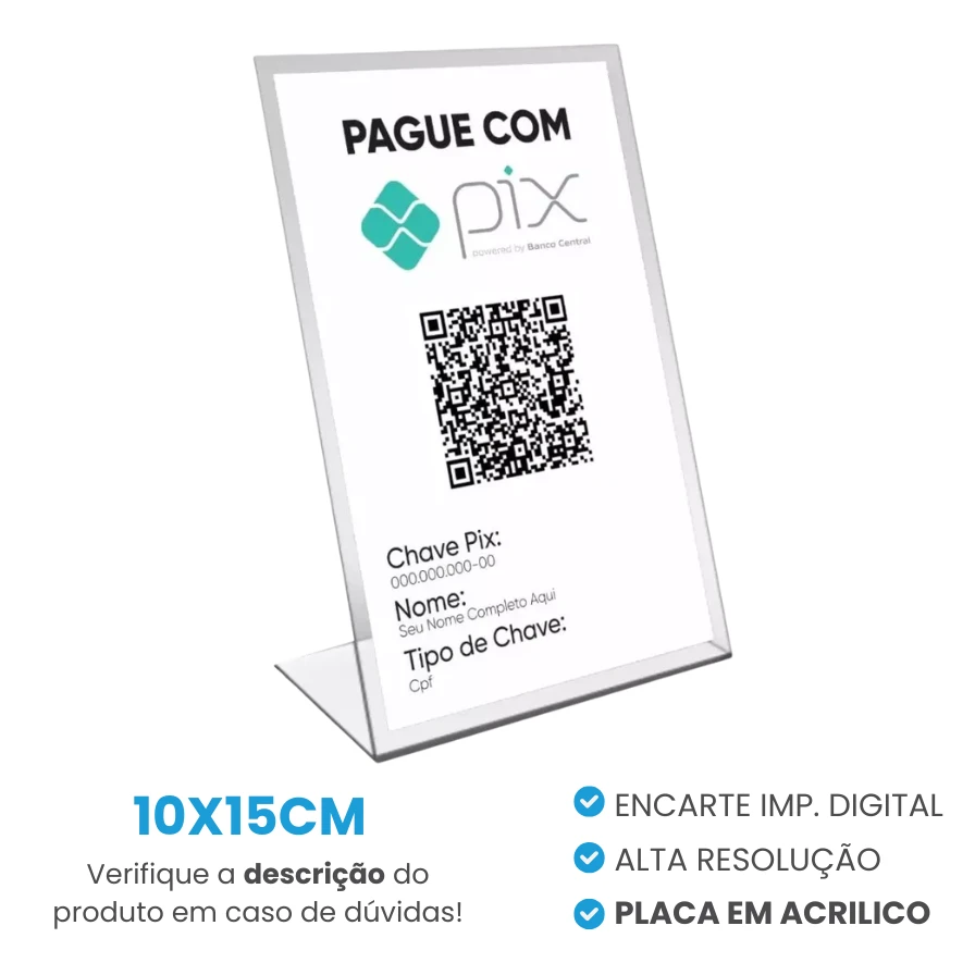 Placa Pix Acrílica com QR Code e Impressão do Encarte Colorido