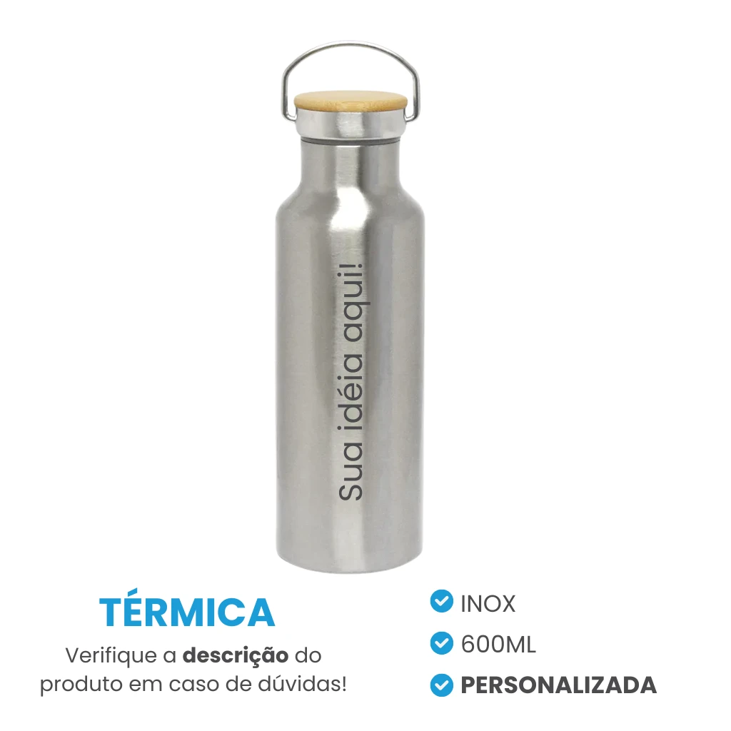 Garrafa Térmica Leiteira em Aço Inox  com Parede Dupla e Tampa Bambu - 600ml