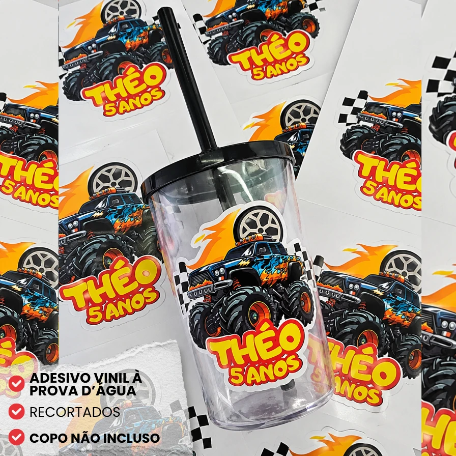 Adesivo Vinil Para Copo Twister, Long Drink, Canecas Tema Monster Truck estilo HotWheels
