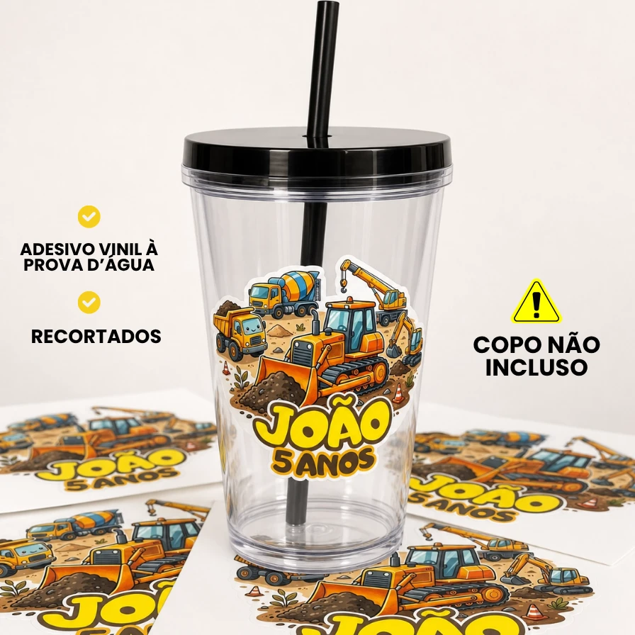 Adesivo Vinil Para Copo Twister, Long Drink, Canecas Tema Trator Obras